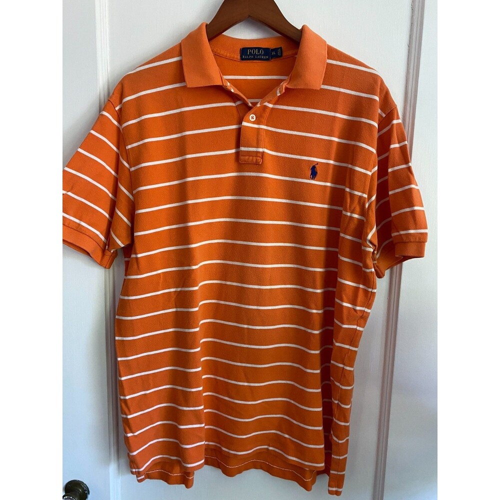 Polo Ralph Lauren Orange White Stripe Polo Shirt Mens XL Short Sleeve Navy Horse